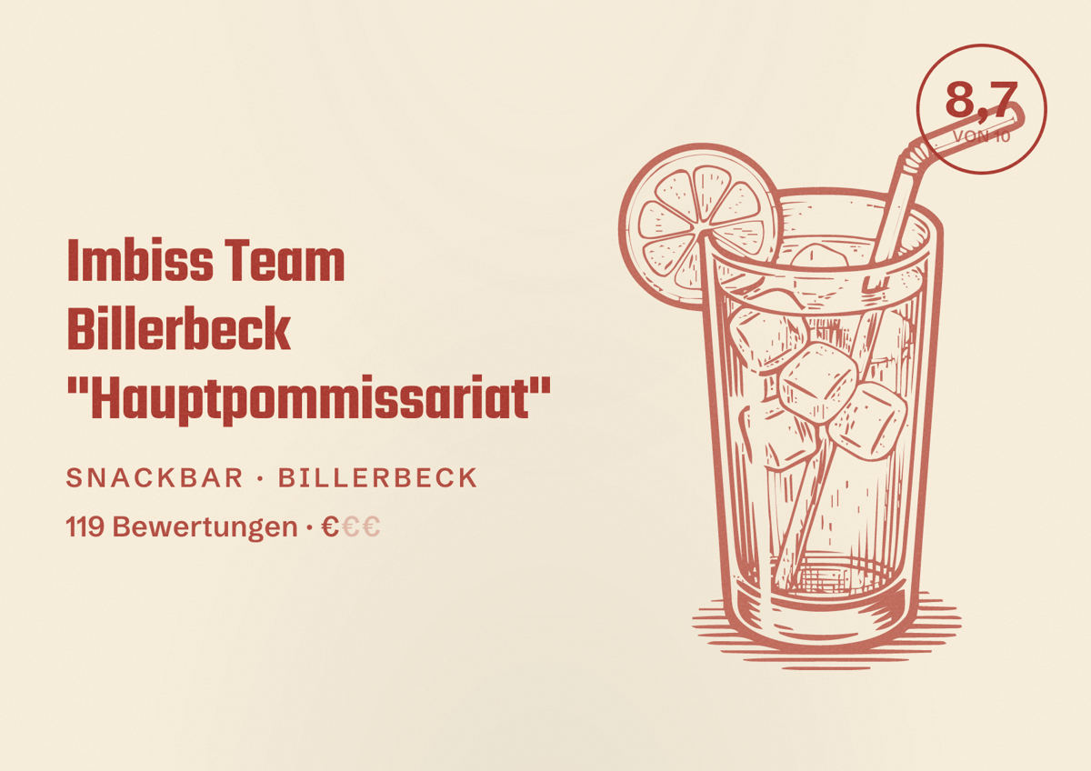 Illustriertes Poster von Imbiss Team Billerbeck "Hauptpommissariat", Snackbar in Billerbeck: Bewertung 8,7 von 10 aus 119 Bewertungen, Preisniveau €