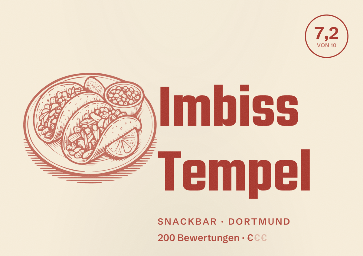 Illustriertes Poster von Imbiss Tempel, Snackbar in Dortmund: Bewertung 7,2 von 10 aus 200 Bewertungen, Preisniveau €