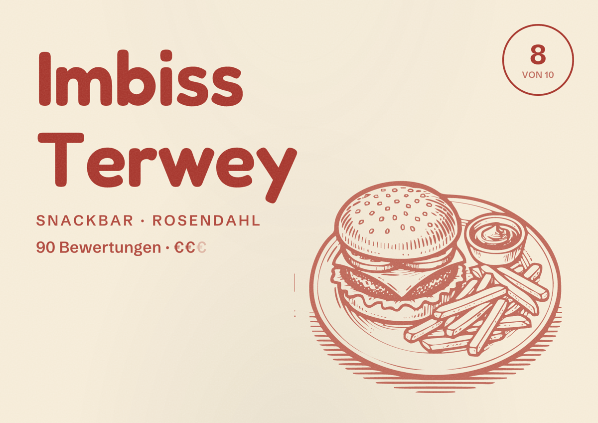 Illustriertes Poster von Imbiss Terwey, Snackbar in Rosendahl: Bewertung 8 von 10 aus 90 Bewertungen, Preisniveau €€