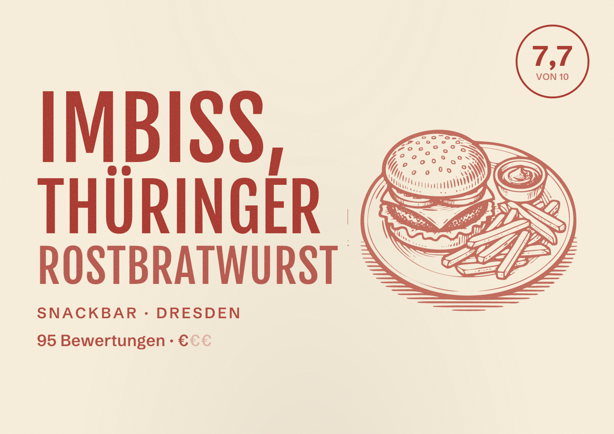 Illustriertes Poster von Imbiss, Thüringer Rostbratwurst, Snackbar in Dresden: Bewertung 7,7 von 10 aus 95 Bewertungen, Preisniveau €