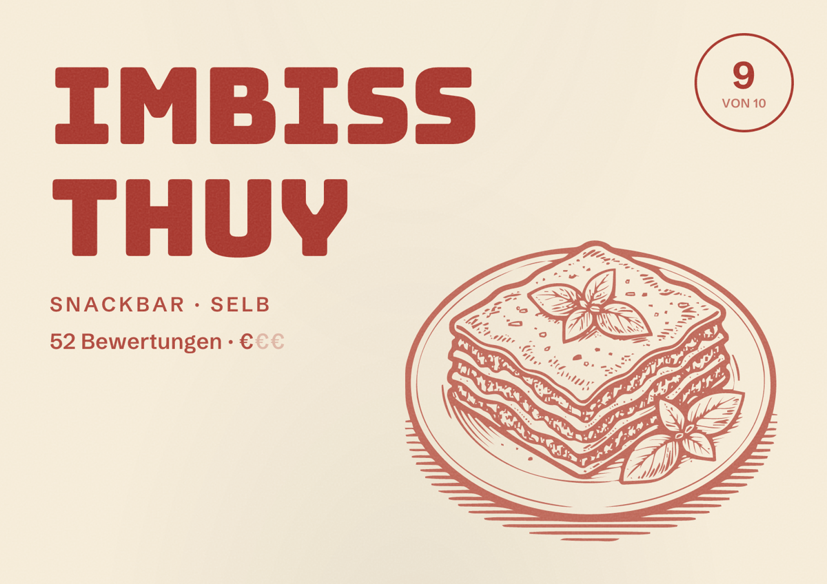 Illustriertes Poster von Imbiss Thuy, Snackbar in Selb: Bewertung 9 von 10 aus 52 Bewertungen, Preisniveau €