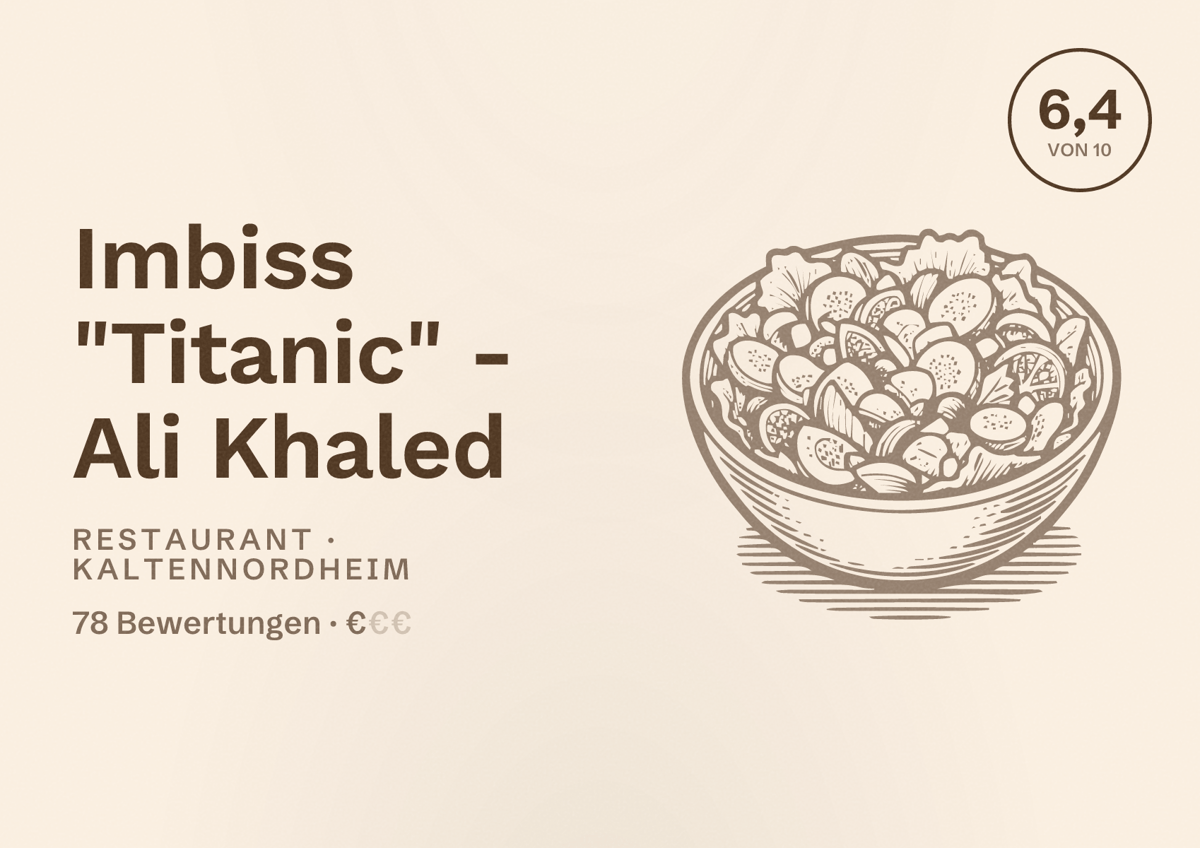 Illustriertes Poster von Imbiss "Titanic" - Ali Khaled, Restaurant in Kaltennordheim: Bewertung 6,4 von 10 aus 78 Bewertungen, Preisniveau €