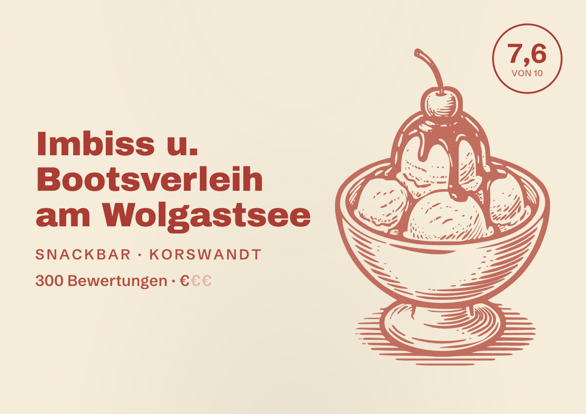 Illustriertes Poster von Imbiss u. Bootsverleih am Wolgastsee, Snackbar in Korswandt: Bewertung 7,6 von 10 aus 300 Bewertungen, Preisniveau €