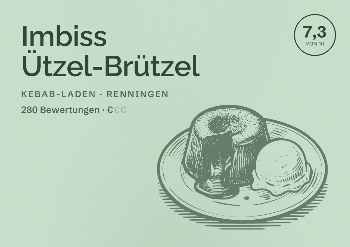 Illustriertes Poster von Imbiss Ützel-Brützel, Kebab-Laden in Renningen: Bewertung 7,3 von 10 aus 280 Bewertungen, Preisniveau €