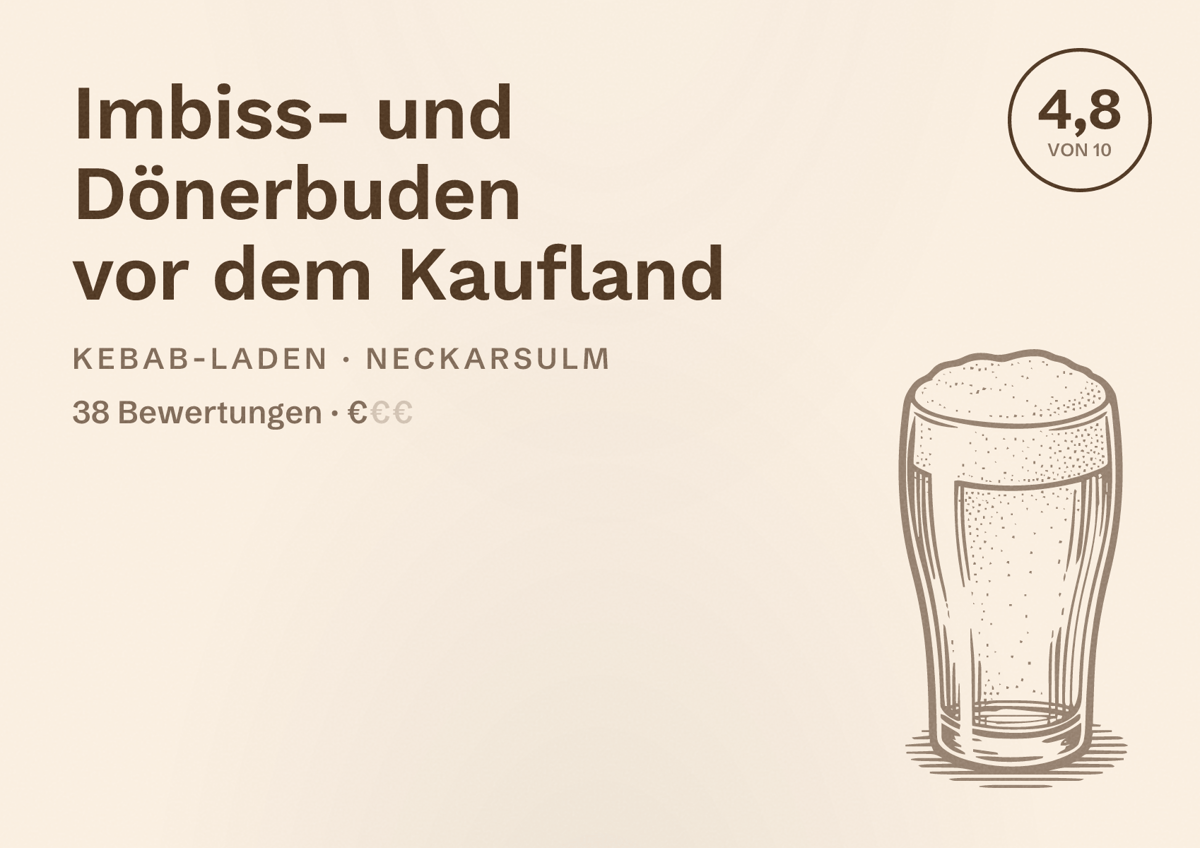 Illustriertes Poster von Imbiss- und Dönerbuden vor dem Kaufland, Kebab-Laden in Neckarsulm: Bewertung 4,8 von 10 aus 38 Bewertungen, Preisniveau €