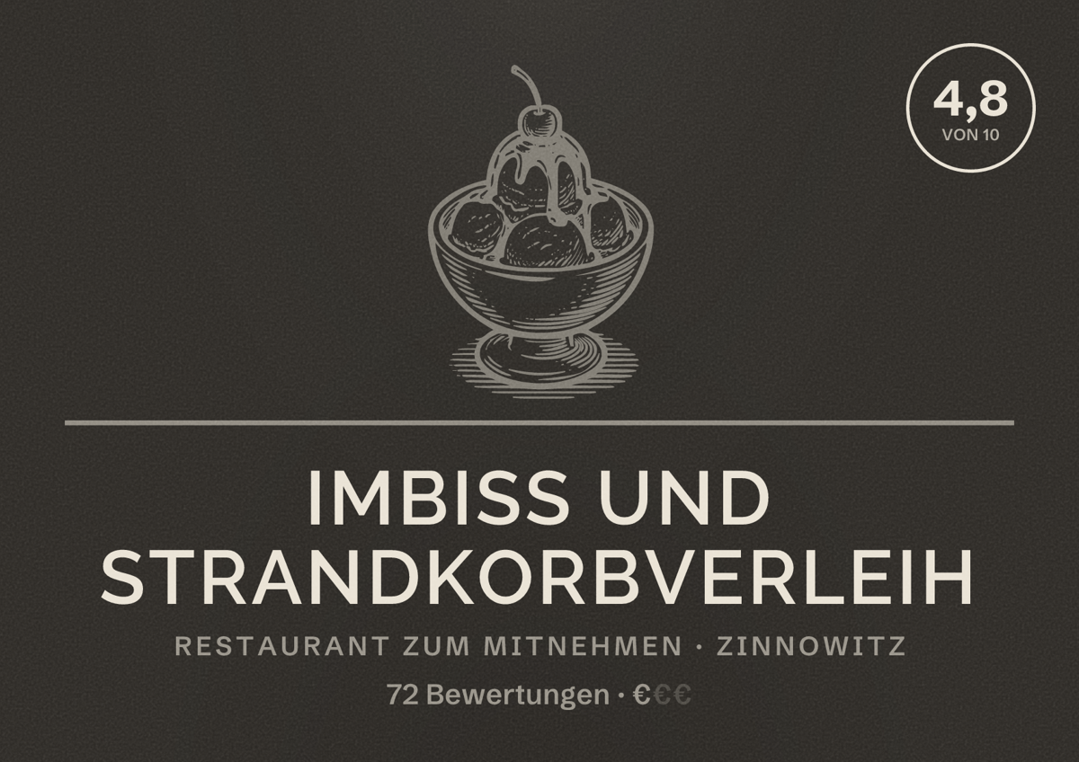 Illustriertes Poster von Imbiss und Strandkorbverleih, Restaurant zum Mitnehmen in Zinnowitz: Bewertung 4,8 von 10 aus 72 Bewertungen, Preisniveau €