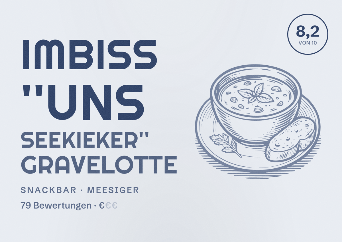 Illustriertes Poster von Imbiss ''Uns Seekieker'' Gravelotte, Snackbar in Meesiger: Bewertung 8,2 von 10 aus 79 Bewertungen, Preisniveau €