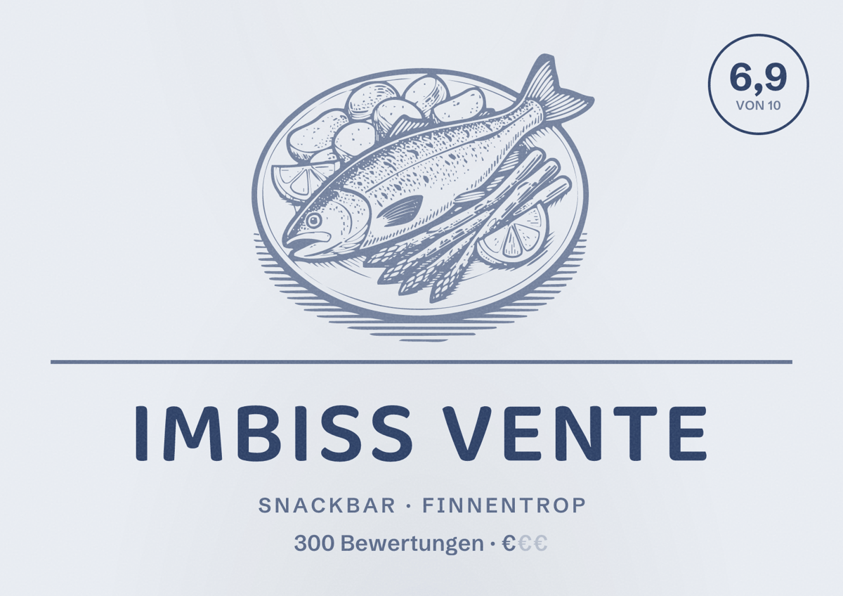 Illustriertes Poster von Imbiss Vente, Snackbar in Finnentrop: Bewertung 6,9 von 10 aus 300 Bewertungen, Preisniveau €
