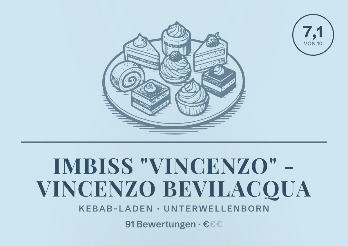 Illustriertes Poster von Imbiss "Vincenzo" - Vincenzo Bevilacqua, Kebab-Laden in Unterwellenborn: Bewertung 7,1 von 10 aus 91 Bewertungen, Preisniveau €