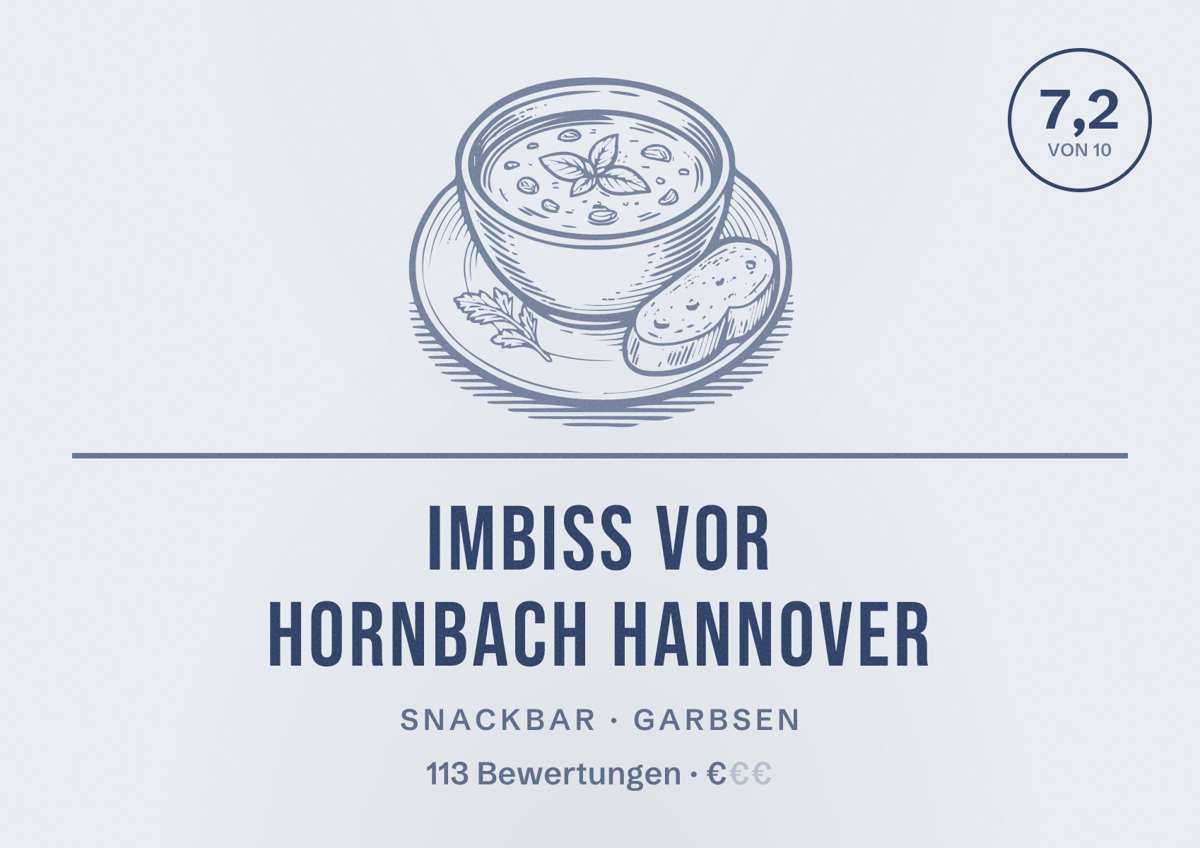 Illustriertes Poster von Imbiss vor HORNBACH Hannover, Snackbar in Garbsen: Bewertung 7,2 von 10 aus 113 Bewertungen, Preisniveau €