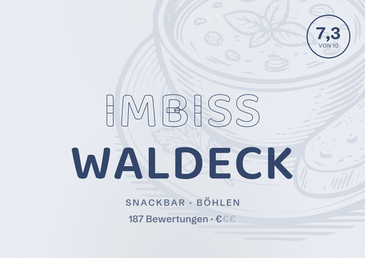 Illustriertes Poster von Imbiss Waldeck, Snackbar in Böhlen: Bewertung 7,3 von 10 aus 187 Bewertungen, Preisniveau €