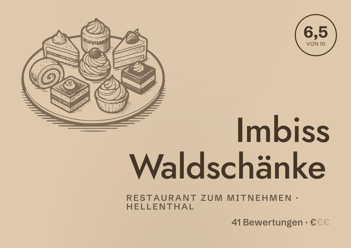 Illustriertes Poster von Imbiss Waldschänke, Restaurant zum Mitnehmen in Hellenthal: Bewertung 6,5 von 10 aus 41 Bewertungen, Preisniveau €