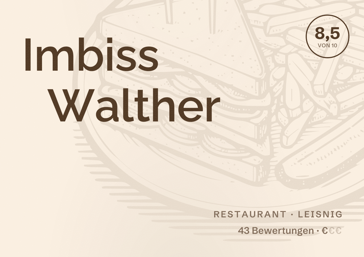 Illustriertes Poster von Imbiss Walther, Restaurant in Leisnig: Bewertung 8,5 von 10 aus 43 Bewertungen, Preisniveau €