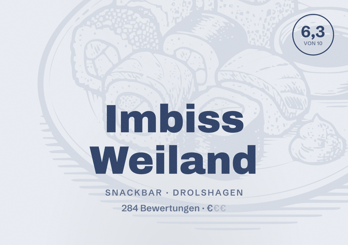 Illustriertes Poster von Imbiss Weiland, Snackbar in Drolshagen: Bewertung 6,3 von 10 aus 284 Bewertungen, Preisniveau €