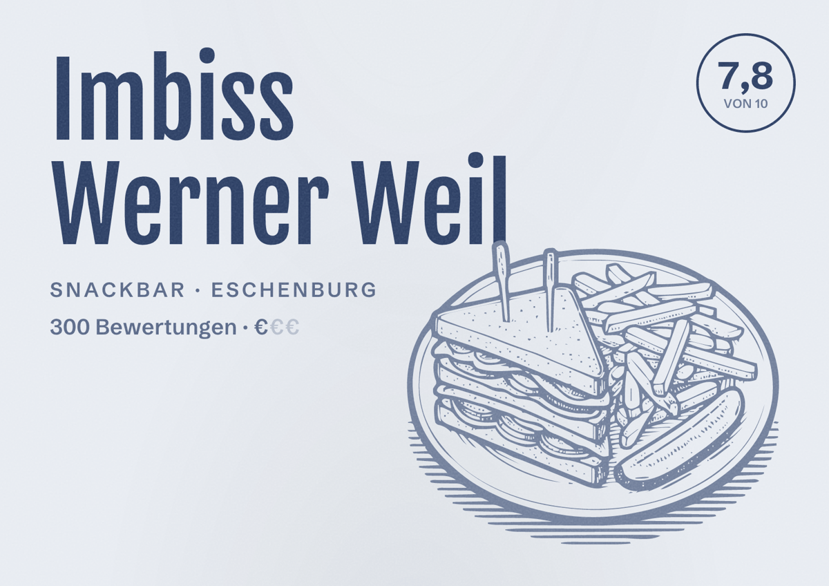 Illustriertes Poster von Imbiss Werner Weil, Snackbar in Eschenburg: Bewertung 7,8 von 10 aus 300 Bewertungen, Preisniveau €
