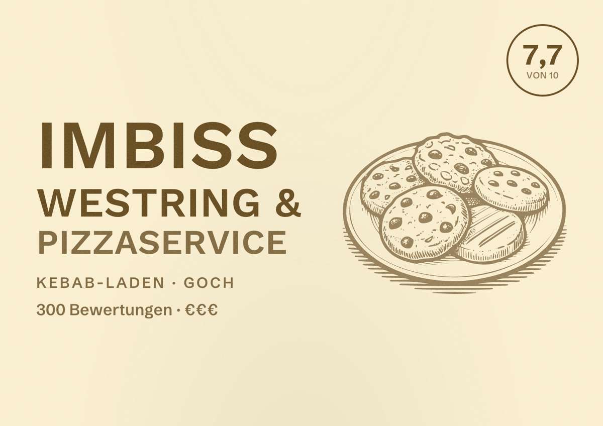 Illustriertes Poster von Imbiss Westring & Pizzaservice, Kebab-Laden in Goch: Bewertung 7,7 von 10 aus 300 Bewertungen, Preisniveau €€€