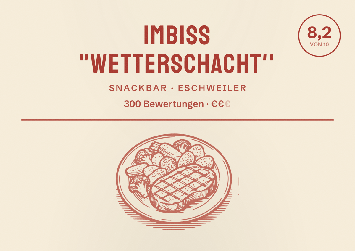 Illustriertes Poster von Imbiss "Wetterschacht'', Snackbar in Eschweiler: Bewertung 8,2 von 10 aus 300 Bewertungen, Preisniveau €€