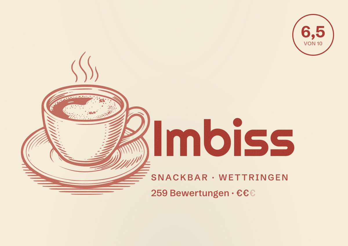 Illustriertes Poster von Imbiss, Snackbar in Wettringen: Bewertung 6,5 von 10 aus 259 Bewertungen, Preisniveau €€