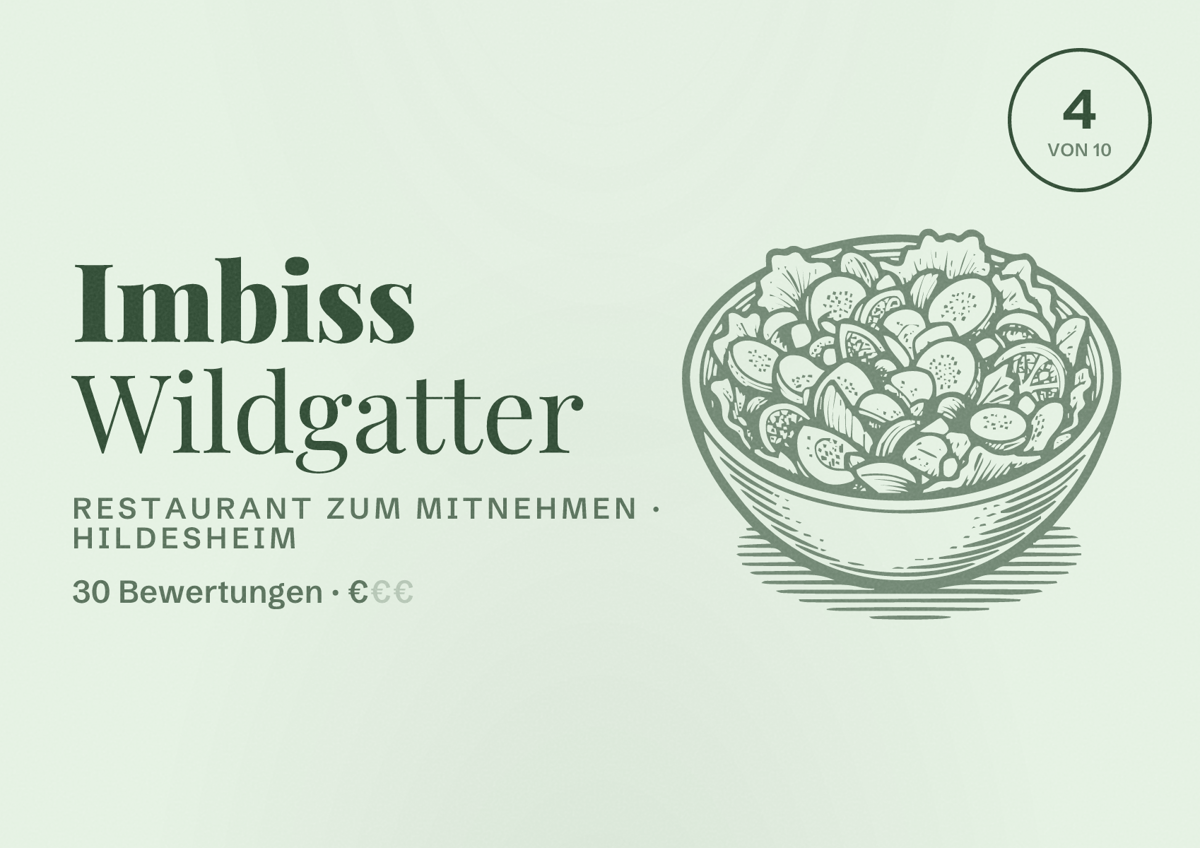 Illustriertes Poster von Imbiss Wildgatter, Restaurant zum Mitnehmen in Hildesheim: Bewertung 4 von 10 aus 30 Bewertungen, Preisniveau €