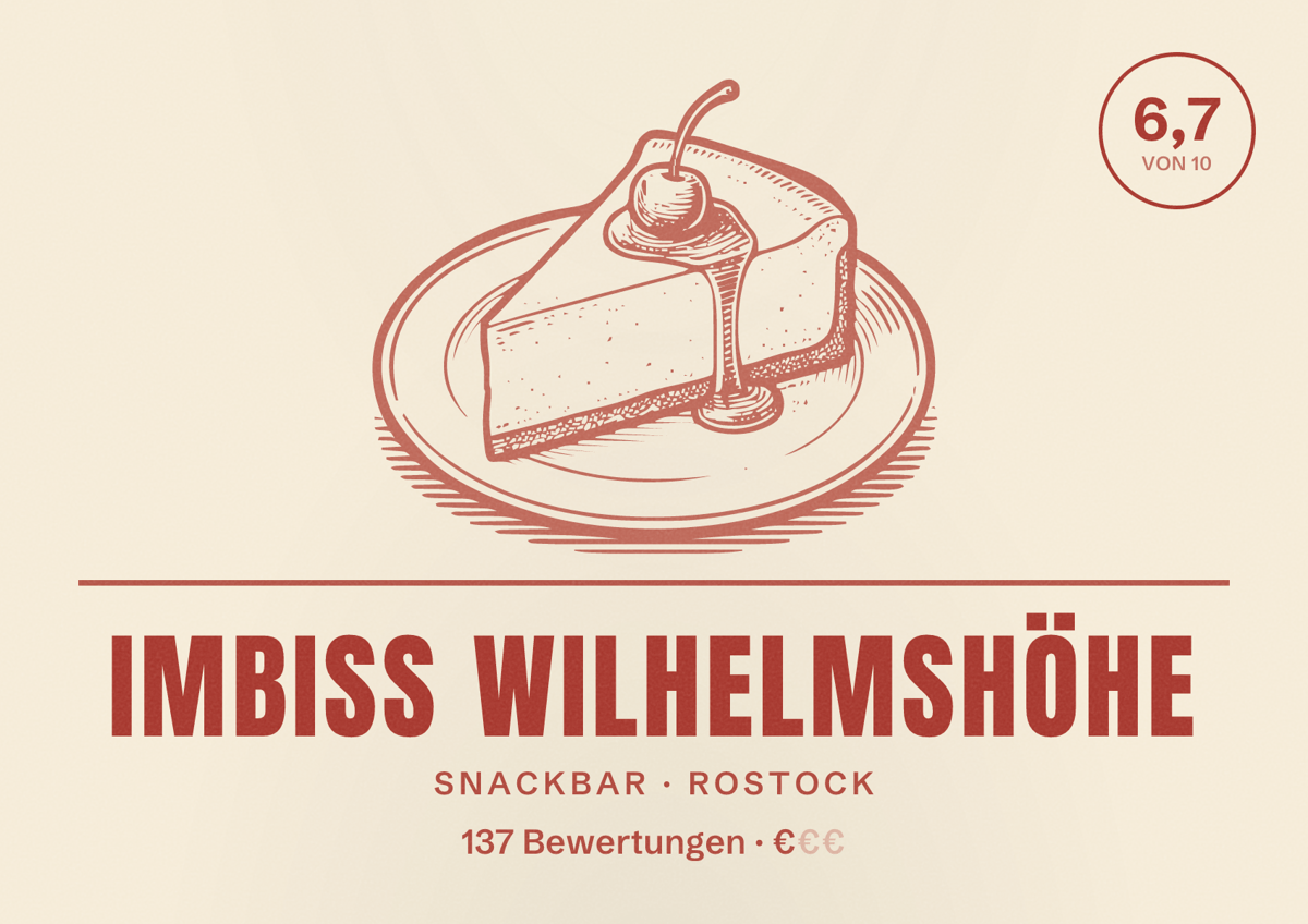 Illustriertes Poster von Imbiss Wilhelmshöhe, Snackbar in Rostock: Bewertung 6,7 von 10 aus 137 Bewertungen, Preisniveau €