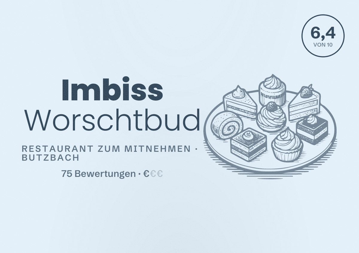 Illustriertes Poster von Imbiss Worschtbud, Restaurant zum Mitnehmen in Butzbach: Bewertung 6,4 von 10 aus 75 Bewertungen, Preisniveau €