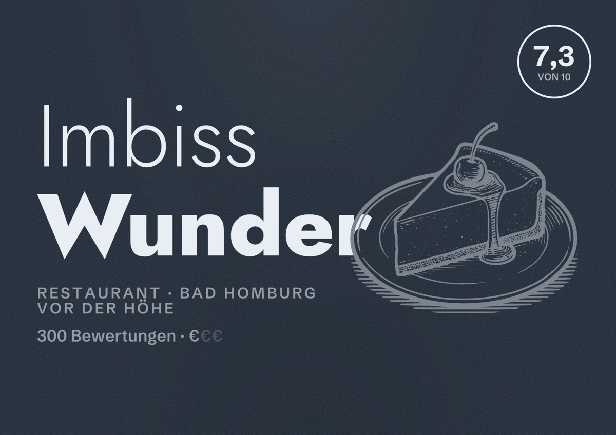 Illustriertes Poster von Imbiss Wunder, Restaurant in Bad Homburg vor der Höhe: Bewertung 7,3 von 10 aus 300 Bewertungen, Preisniveau €