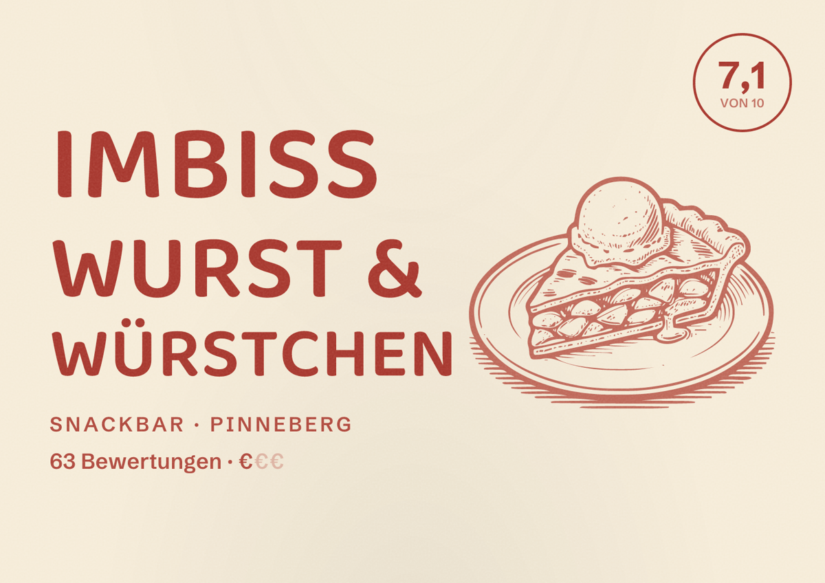 Illustriertes Poster von IMBISS Wurst & Würstchen, Snackbar in Pinneberg: Bewertung 7,1 von 10 aus 63 Bewertungen, Preisniveau €