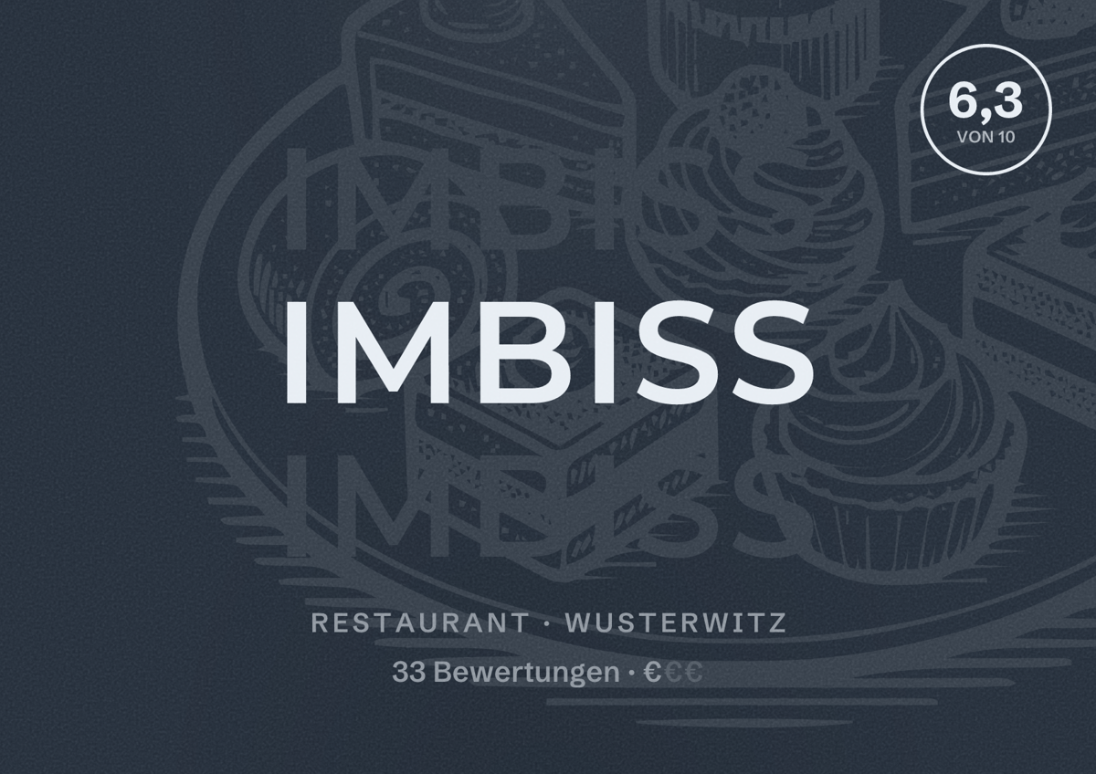 Illustriertes Poster von Imbiss, Restaurant in Wusterwitz: Bewertung 6,3 von 10 aus 33 Bewertungen, Preisniveau €
