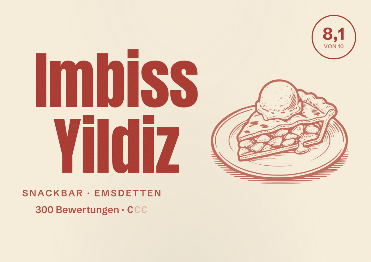 Illustriertes Poster von Imbiss Yildiz, Snackbar in Emsdetten: Bewertung 8,1 von 10 aus 300 Bewertungen, Preisniveau €