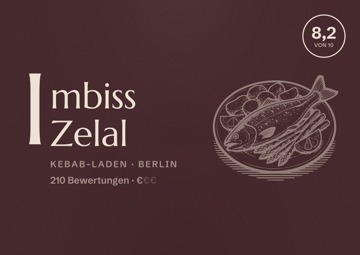 Illustriertes Poster von Imbiss Zelal, Kebab-Laden in Berlin: Bewertung 8,2 von 10 aus 210 Bewertungen, Preisniveau €