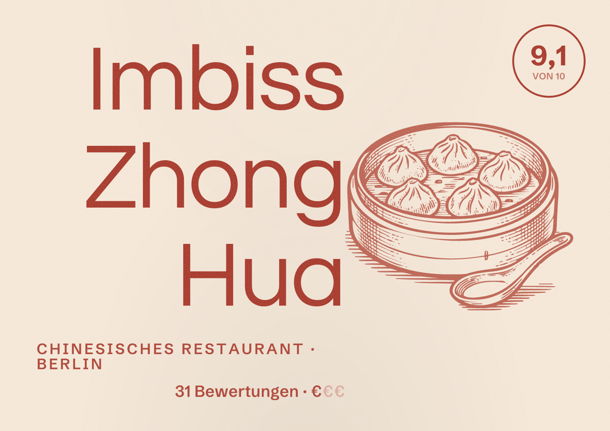 Illustriertes Poster von Imbiss Zhong Hua, Chinesisches Restaurant in Berlin: Bewertung 9,1 von 10 aus 31 Bewertungen, Preisniveau €