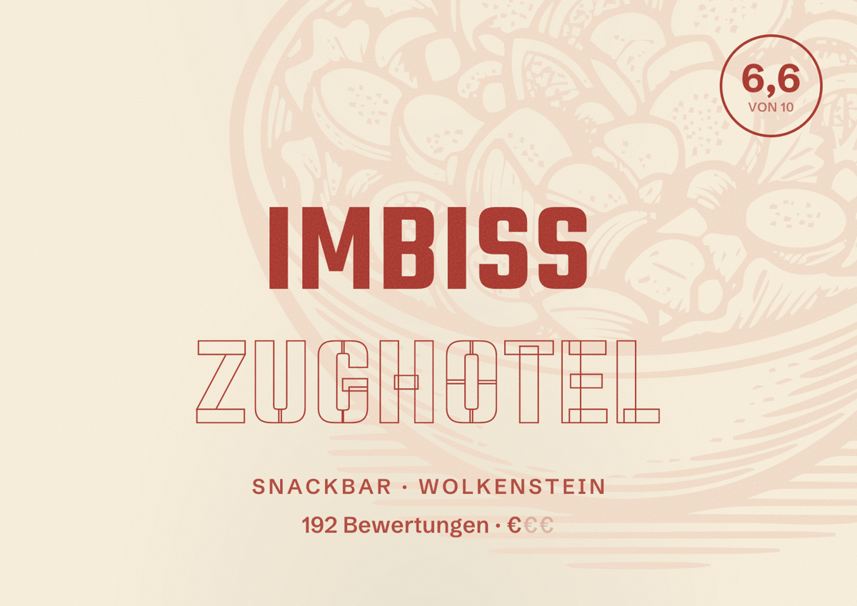 Illustriertes Poster von Imbiss Zughotel, Snackbar in Wolkenstein: Bewertung 6,6 von 10 aus 192 Bewertungen, Preisniveau €