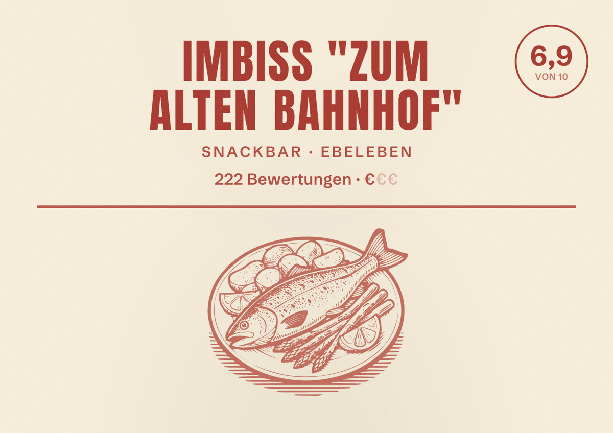 Illustriertes Poster von Imbiss "Zum alten Bahnhof", Snackbar in Ebeleben: Bewertung 6,9 von 10 aus 222 Bewertungen, Preisniveau €