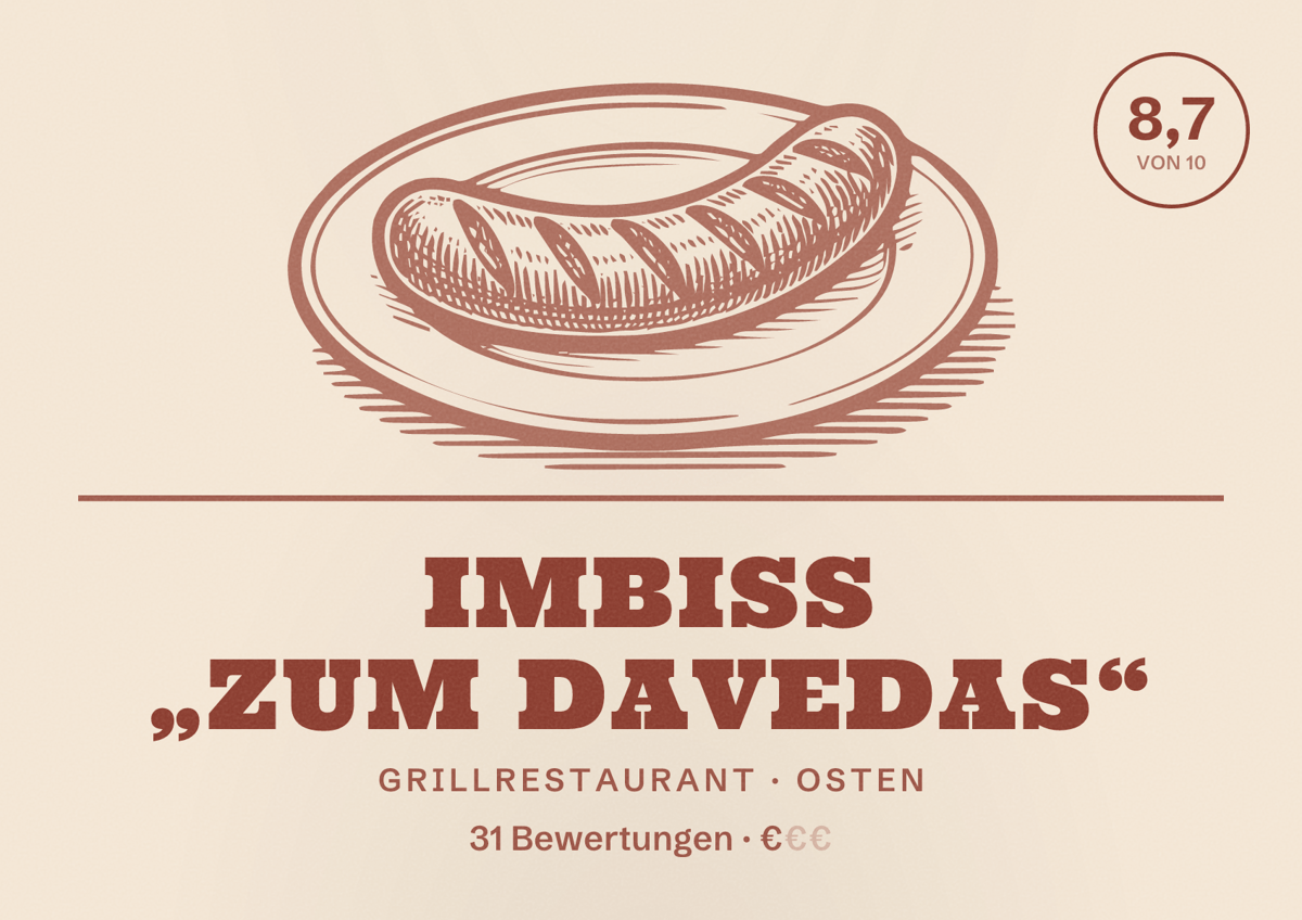 Illustriertes Poster von Imbiss „Zum Davedas“, Grillrestaurant in Osten: Bewertung 8,7 von 10 aus 31 Bewertungen, Preisniveau €