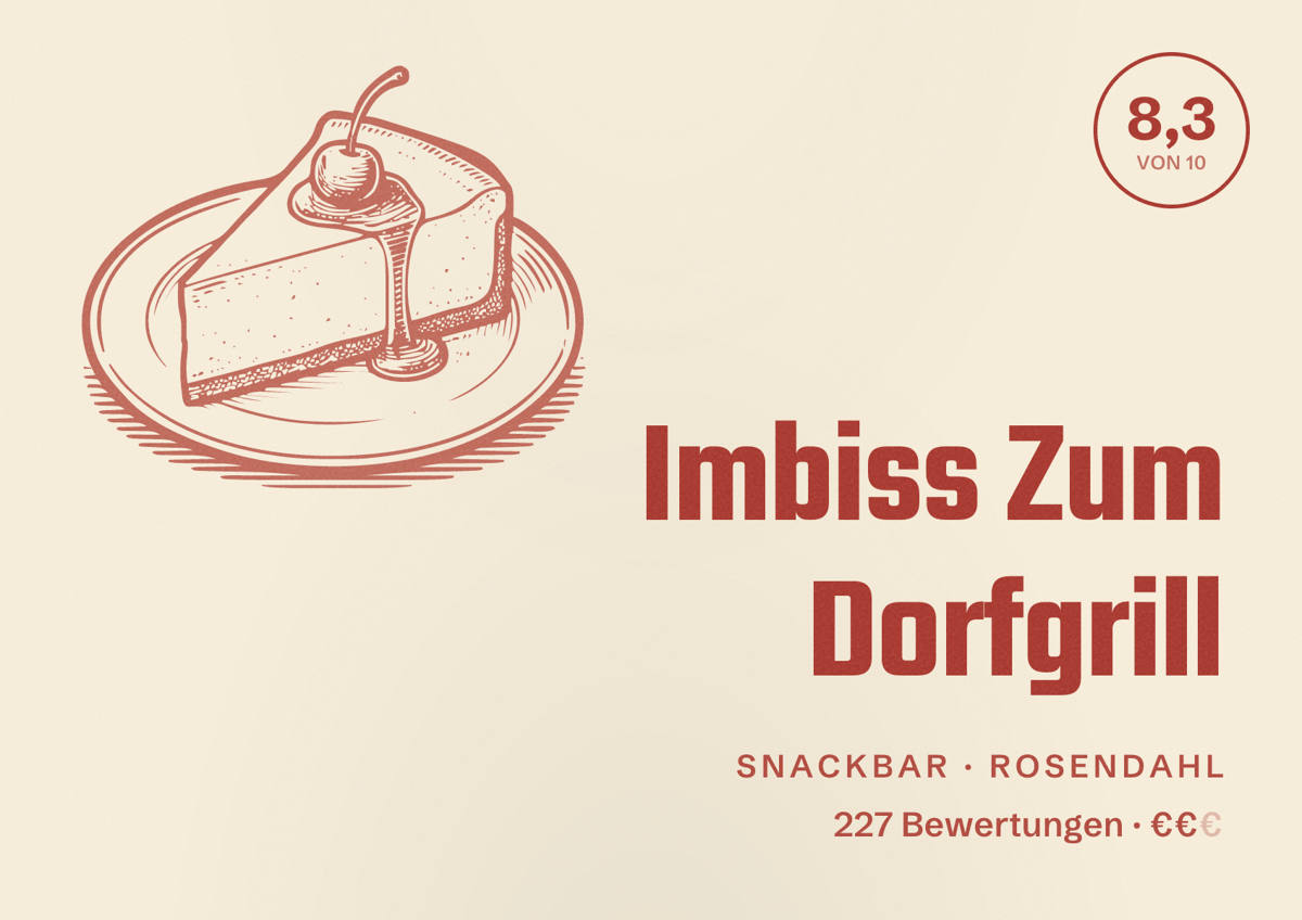 Illustriertes Poster von Imbiss Zum Dorfgrill, Snackbar in Rosendahl: Bewertung 8,3 von 10 aus 227 Bewertungen, Preisniveau €€