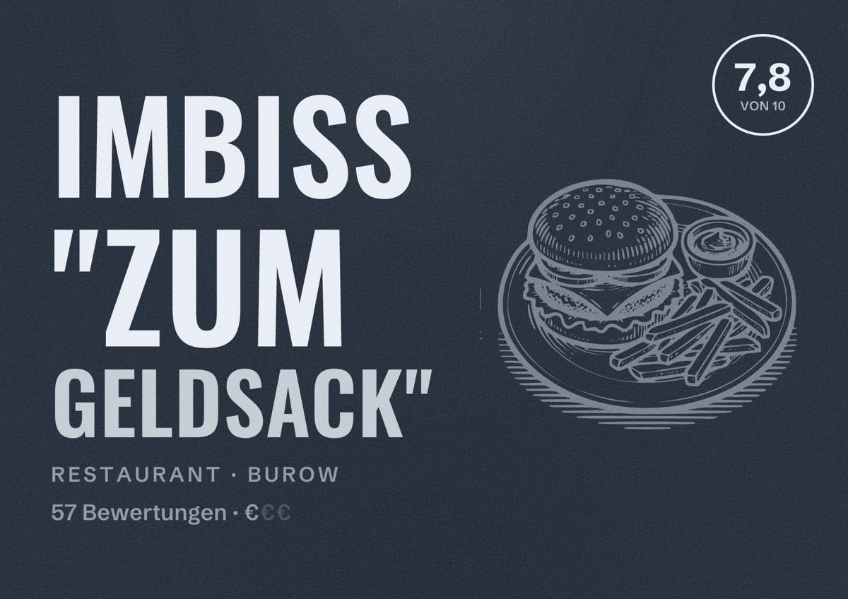 Illustriertes Poster von Imbiss "Zum Geldsack", Restaurant in Burow: Bewertung 7,8 von 10 aus 57 Bewertungen, Preisniveau €