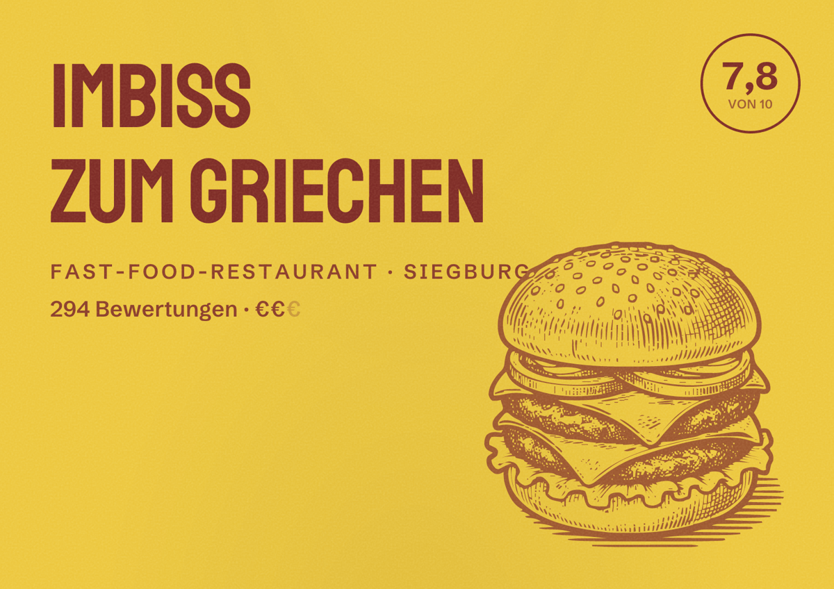 Illustriertes Poster von Imbiss Zum Griechen, Fast-Food-Restaurant in Siegburg: Bewertung 7,8 von 10 aus 294 Bewertungen, Preisniveau €€