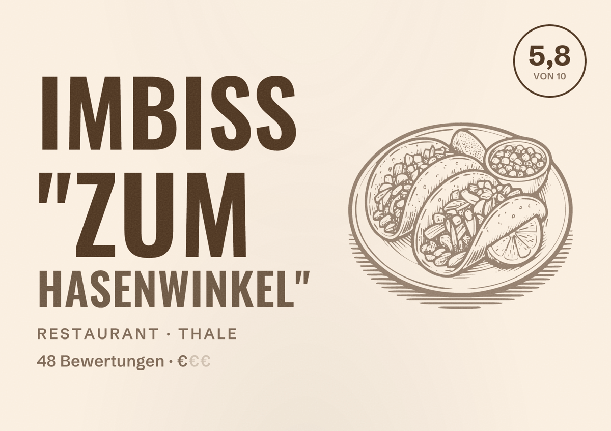 Illustriertes Poster von Imbiss "Zum Hasenwinkel", Restaurant in Thale: Bewertung 5,8 von 10 aus 48 Bewertungen, Preisniveau €