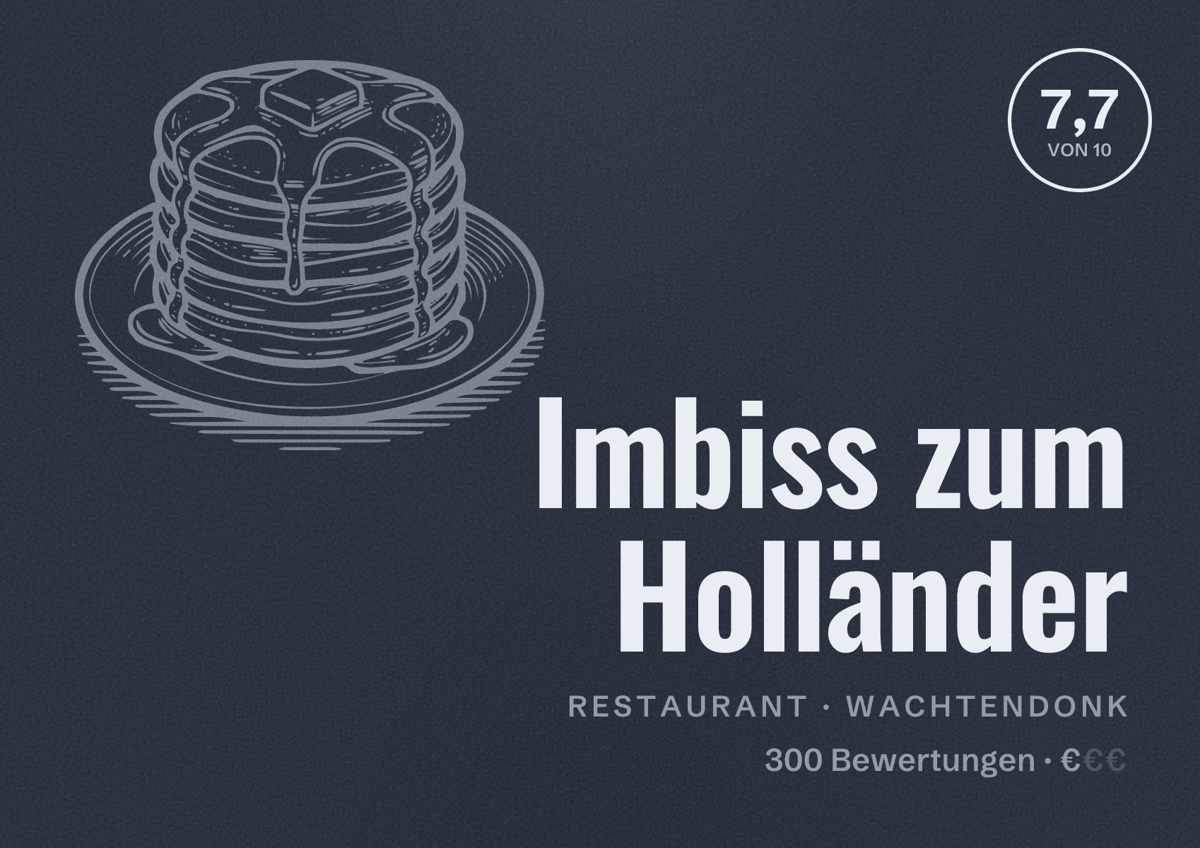Illustriertes Poster von Imbiss zum Holländer, Restaurant in Wachtendonk: Bewertung 7,7 von 10 aus 300 Bewertungen, Preisniveau €