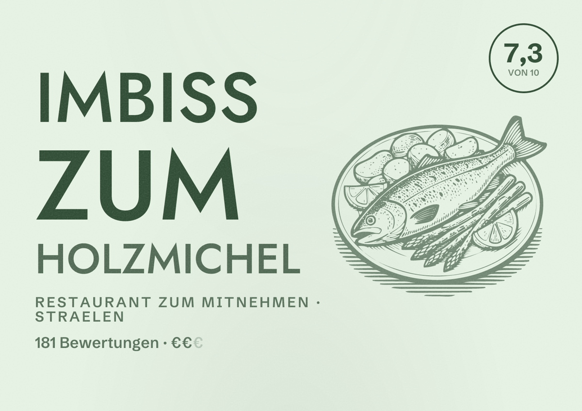Illustriertes Poster von Imbiss Zum Holzmichel, Restaurant zum Mitnehmen in Straelen: Bewertung 7,3 von 10 aus 181 Bewertungen, Preisniveau €€
