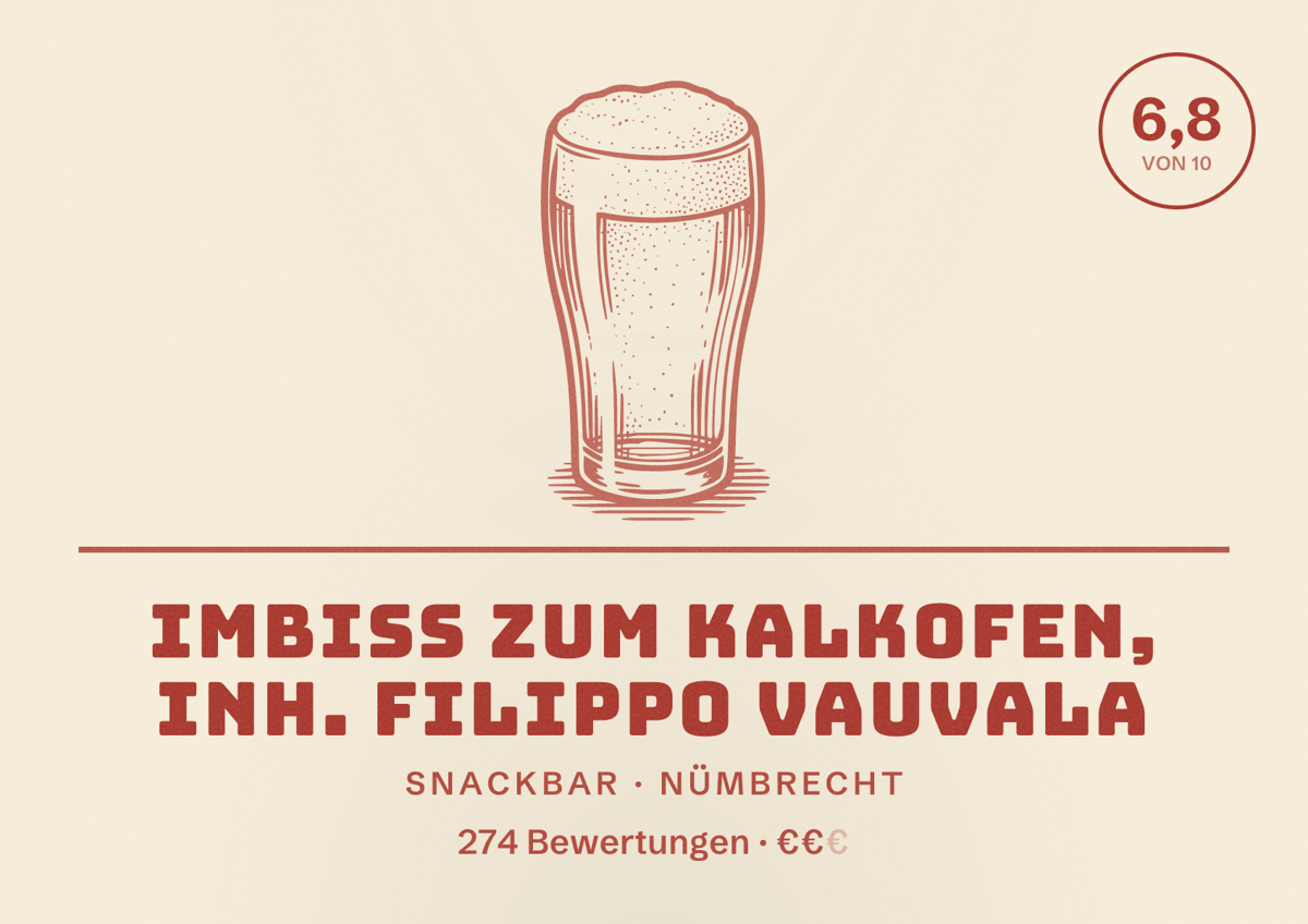 Illustriertes Poster von Imbiss Zum Kalkofen, Inh. Filippo Vauvala, Snackbar in Nümbrecht: Bewertung 6,8 von 10 aus 274 Bewertungen, Preisniveau €€