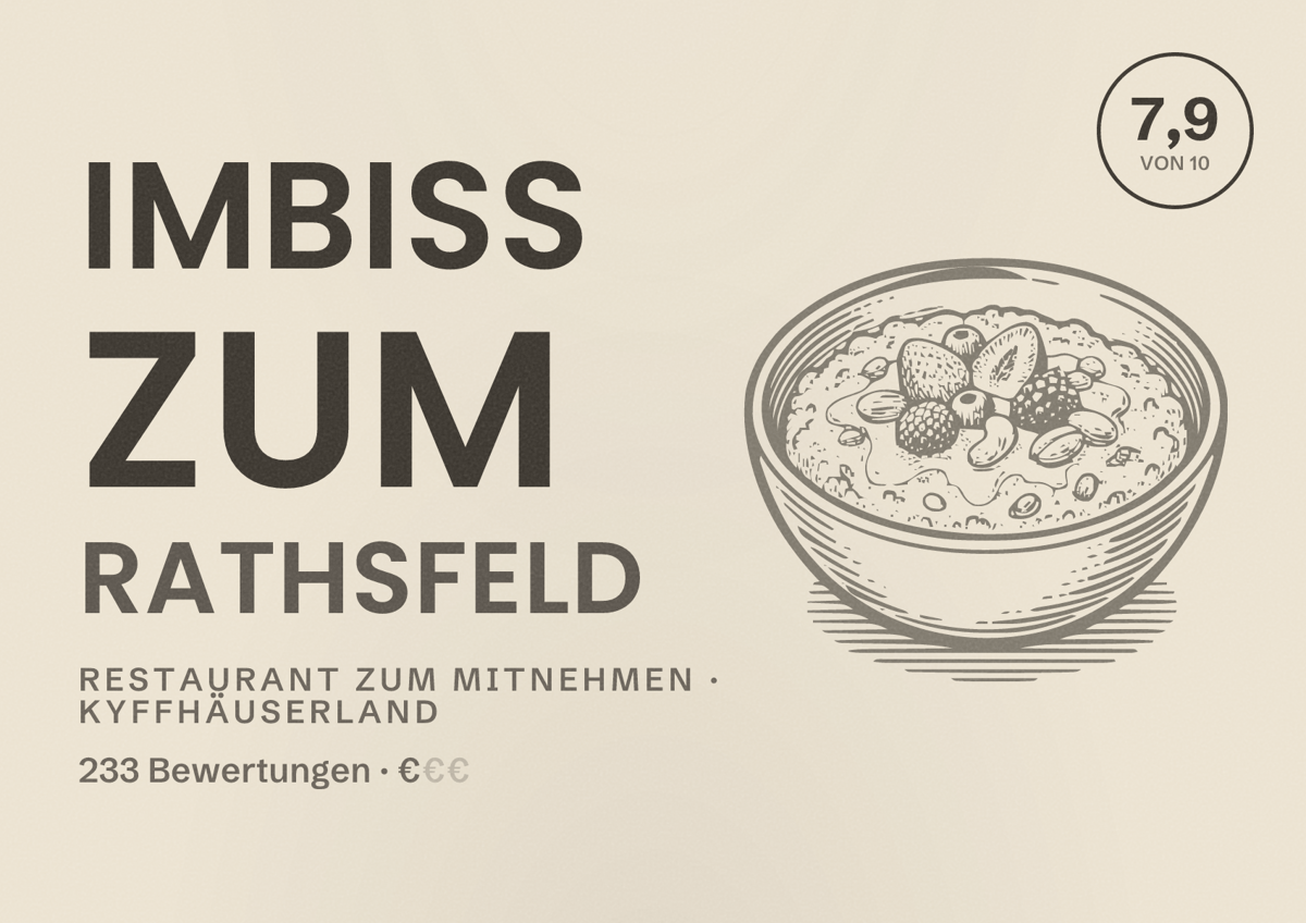 Illustriertes Poster von Imbiss zum Rathsfeld, Restaurant zum Mitnehmen in Kyffhäuserland: Bewertung 7,9 von 10 aus 233 Bewertungen, Preisniveau €