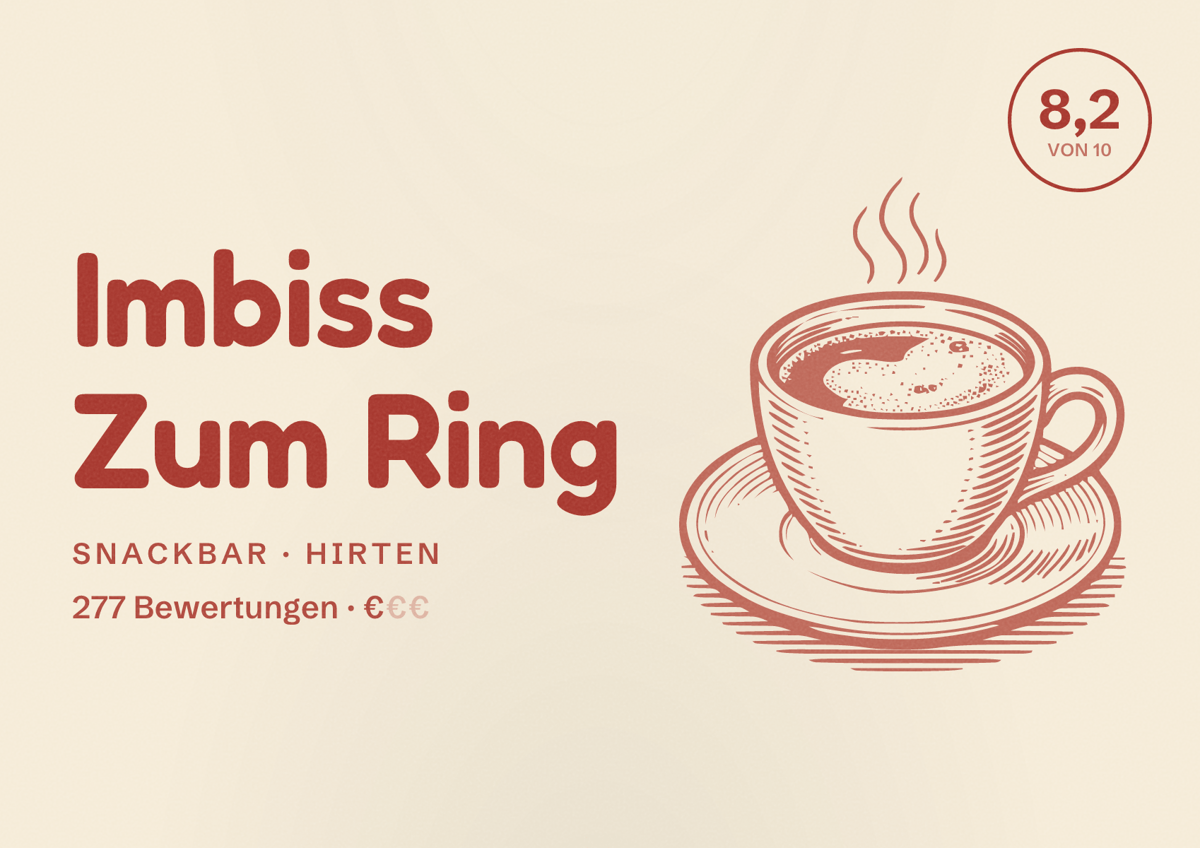 Illustriertes Poster von Imbiss Zum Ring, Snackbar in Hirten: Bewertung 8,2 von 10 aus 277 Bewertungen, Preisniveau €