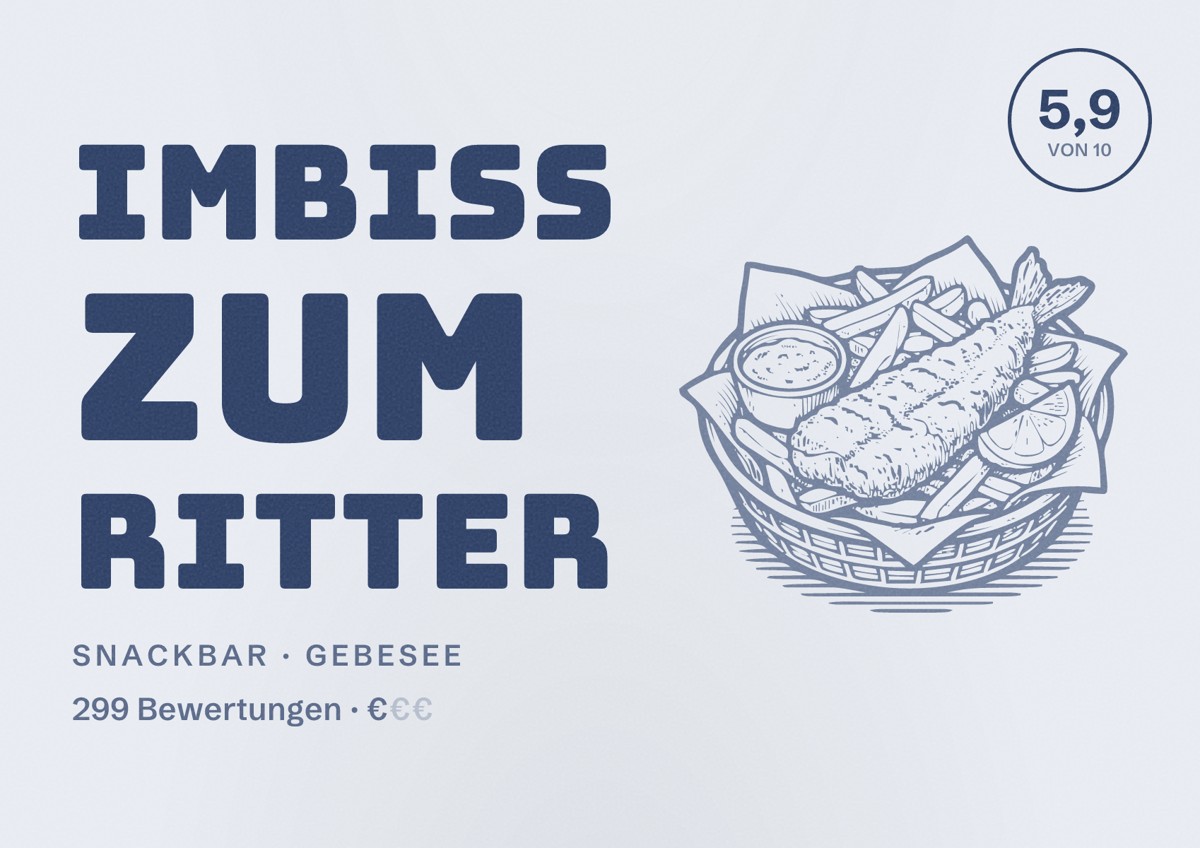 Illustriertes Poster von Imbiss Zum Ritter, Snackbar in Gebesee: Bewertung 5,9 von 10 aus 299 Bewertungen, Preisniveau €