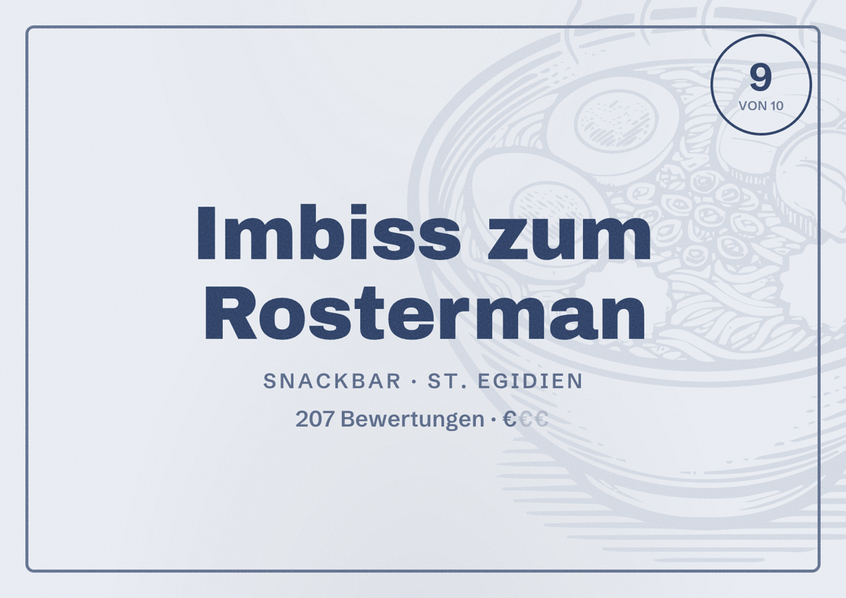 Illustriertes Poster von Imbiss zum Rosterman, Snackbar in St. Egidien: Bewertung 9 von 10 aus 207 Bewertungen, Preisniveau €