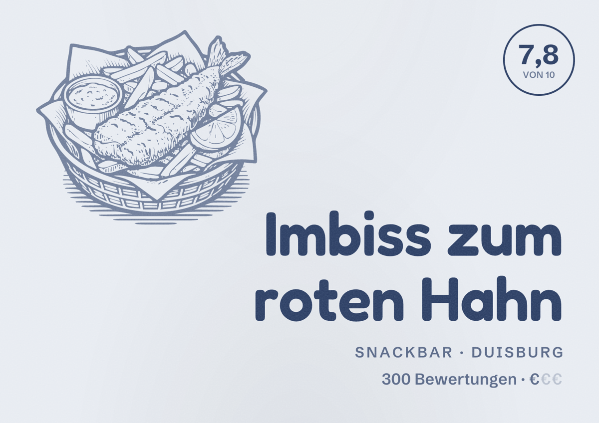Illustriertes Poster von Imbiss zum roten Hahn, Snackbar in Duisburg: Bewertung 7,8 von 10 aus 300 Bewertungen, Preisniveau €