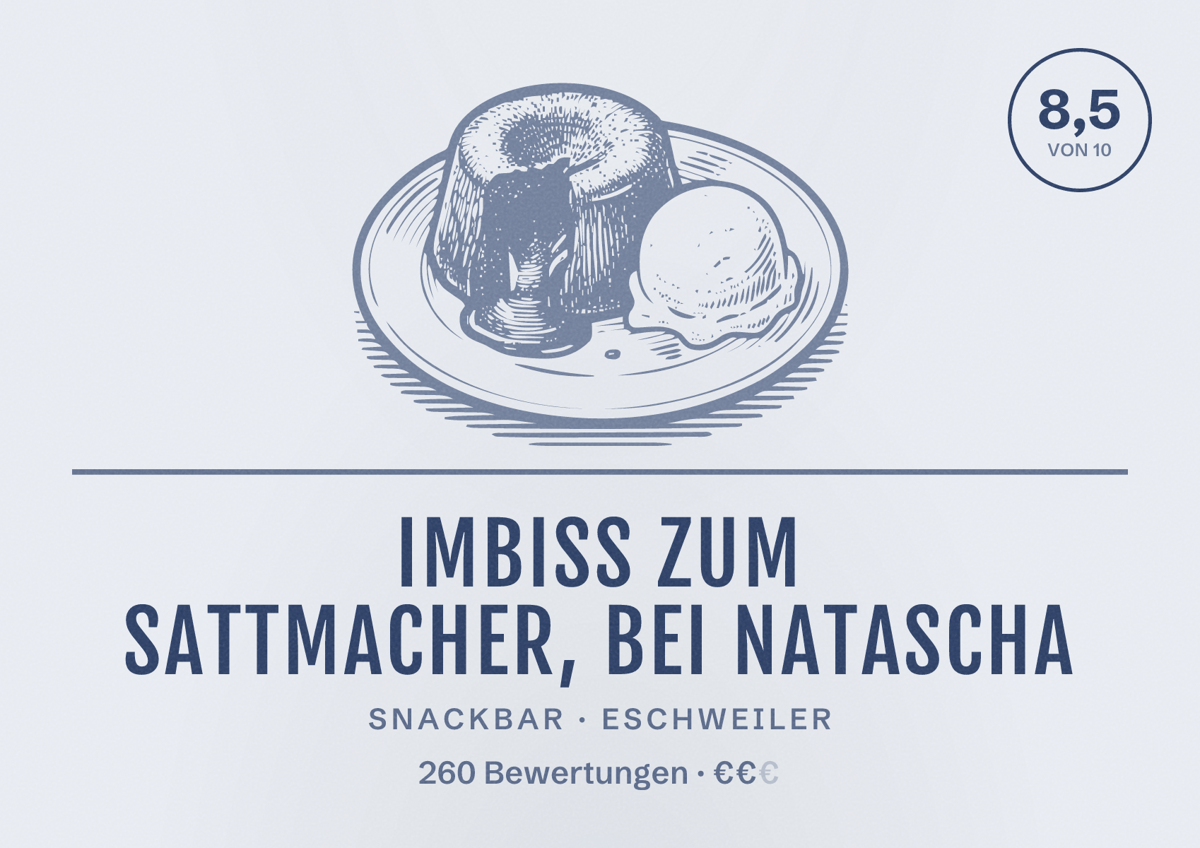 Illustriertes Poster von Imbiss Zum Sattmacher, bei Natascha, Snackbar in Eschweiler: Bewertung 8,5 von 10 aus 260 Bewertungen, Preisniveau €€