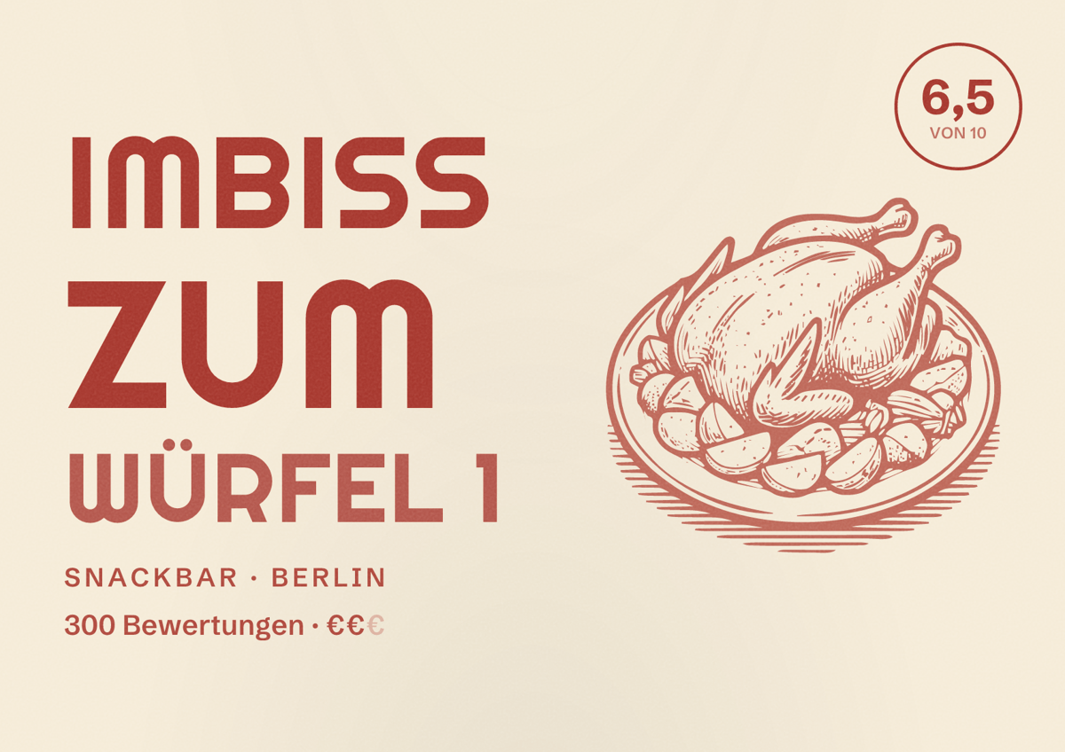 Illustriertes Poster von Imbiss Zum Würfel 1, Snackbar in Berlin: Bewertung 6,5 von 10 aus 300 Bewertungen, Preisniveau €€