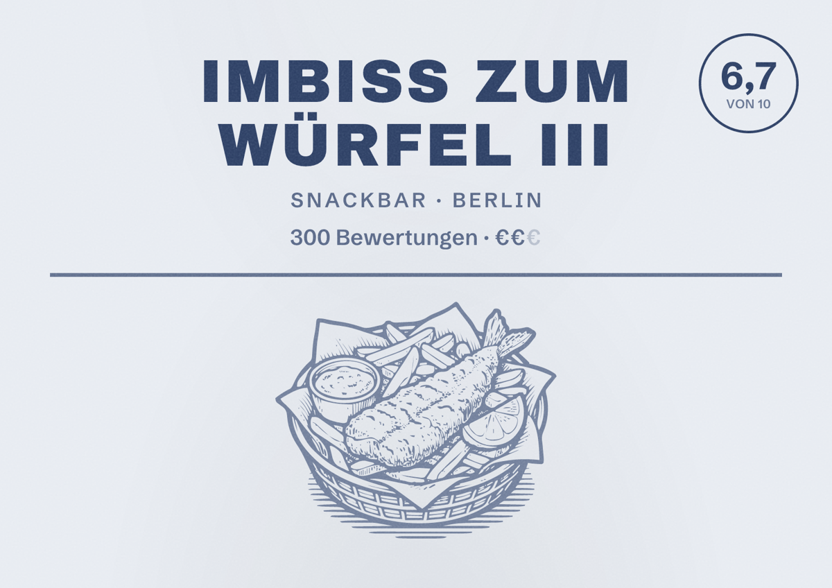 Illustriertes Poster von Imbiss zum Würfel III, Snackbar in Berlin: Bewertung 6,7 von 10 aus 300 Bewertungen, Preisniveau €€