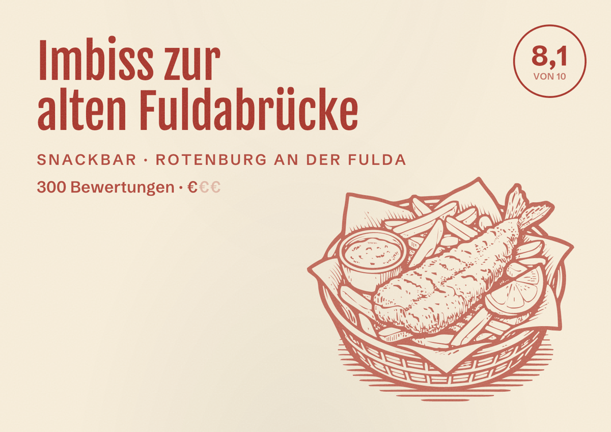 Illustriertes Poster von Imbiss zur alten Fuldabrücke, Snackbar in Rotenburg an der Fulda: Bewertung 8,1 von 10 aus 300 Bewertungen, Preisniveau €